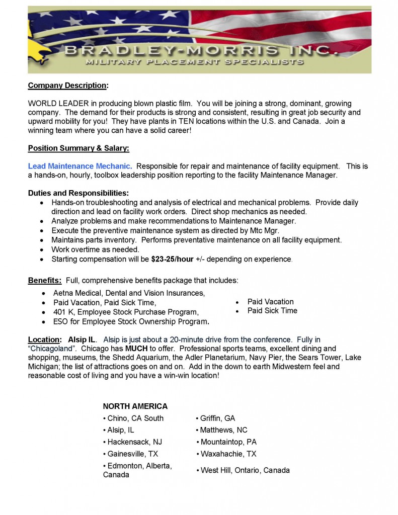 Lead Maint Mechanic Position, Alsip